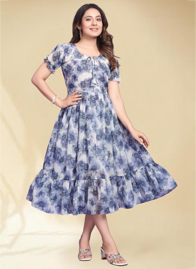 Georgette Blue Daily Wear Printed Readymade Dress